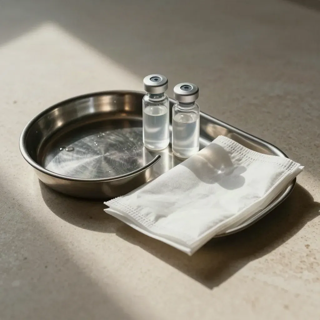 Stainless kidney dish with sample vials and sterile wrap on pale stone, lit by a clinical beam.