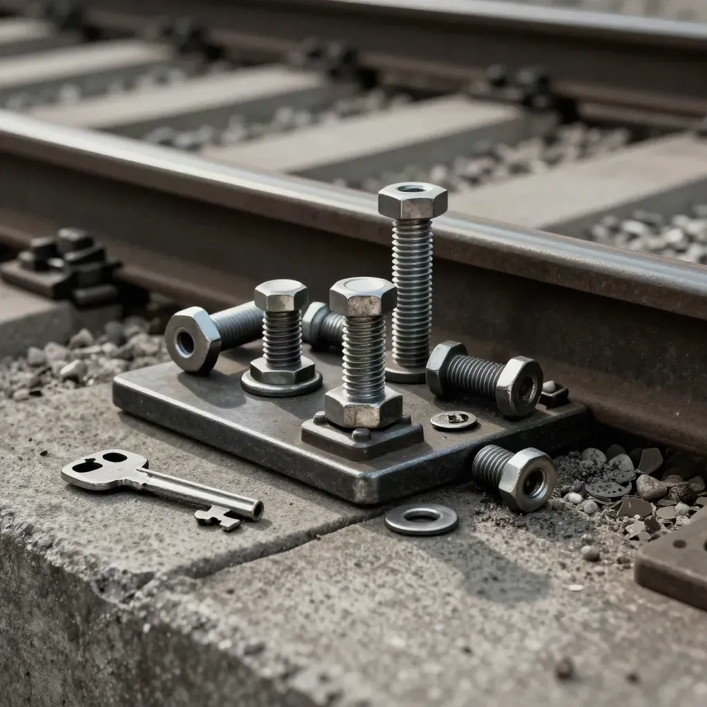 Rail fastening clips and bolts on concrete, dramatic industrial still life.