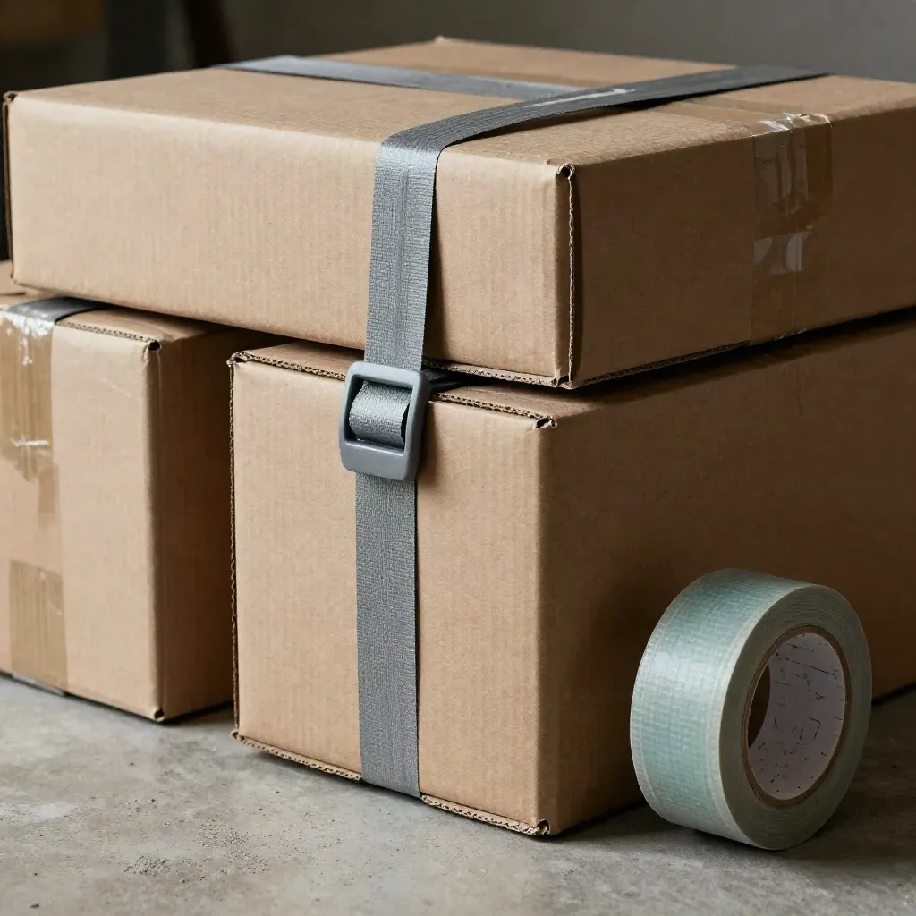 Strapped parcel cartons and tape roll on concrete with dramatic macro light.