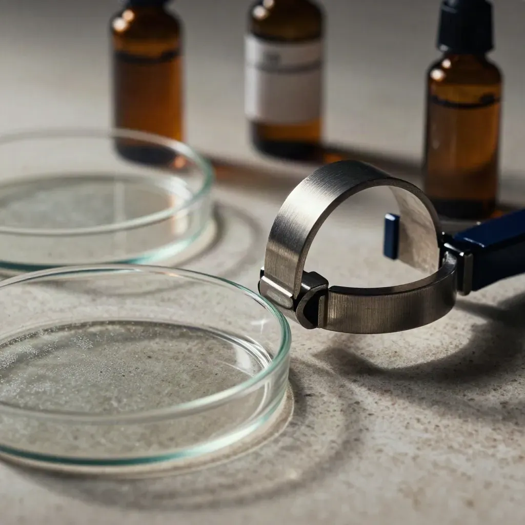 Glass petri dishes, reagent vials and a clamp ring on pale stone under lab light.