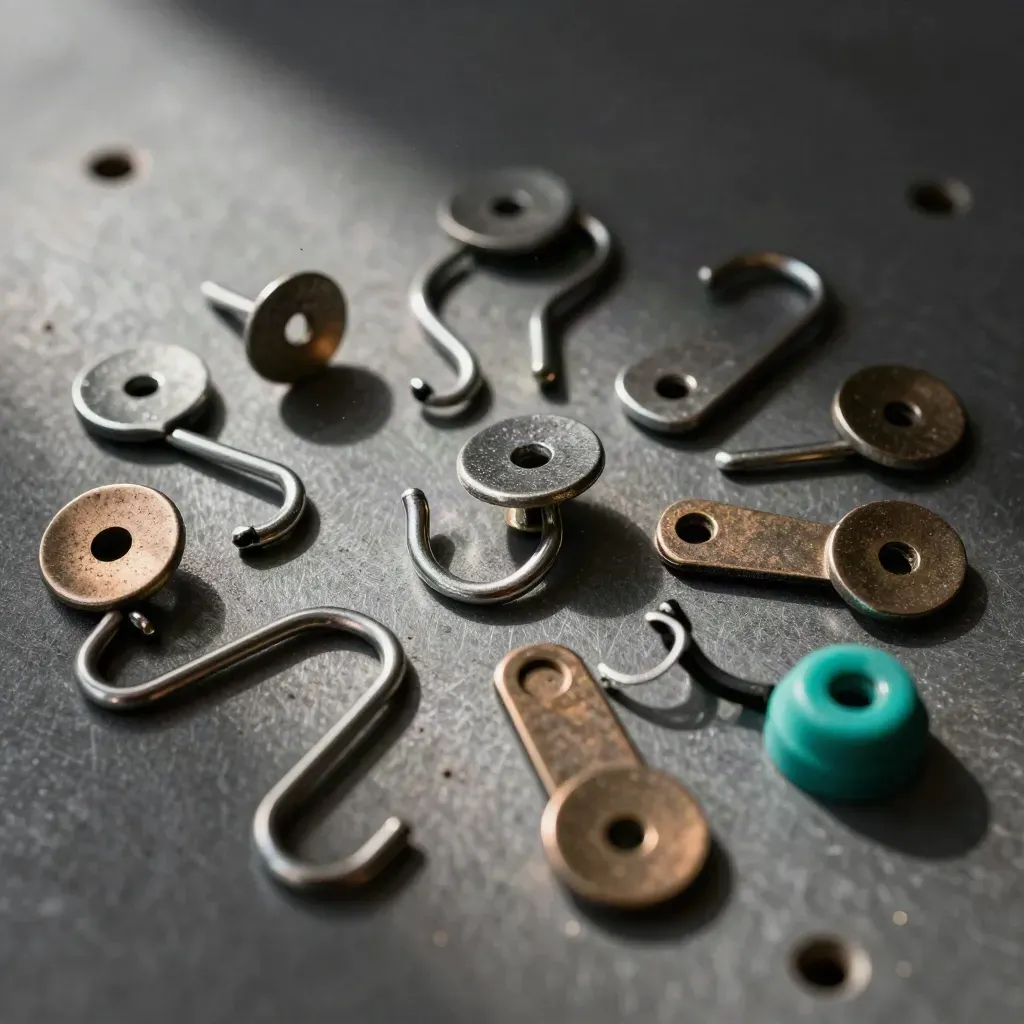 Macro flat lay of retail anti-theft pins, shelf hooks and pegboard clips on brushed metal.