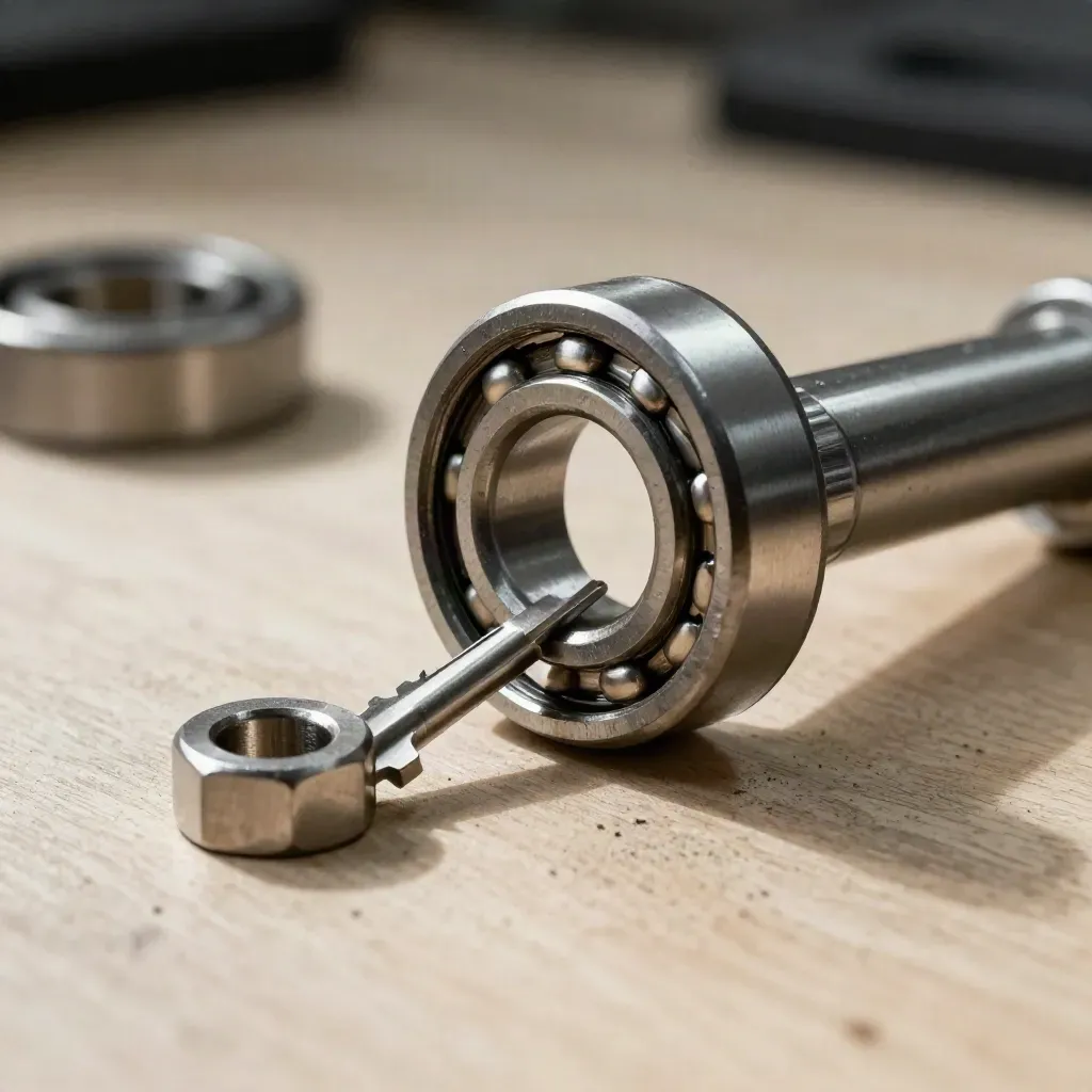 Precision bearings, hex spacers and an aluminium coupler on pale wood in dramatic side light.