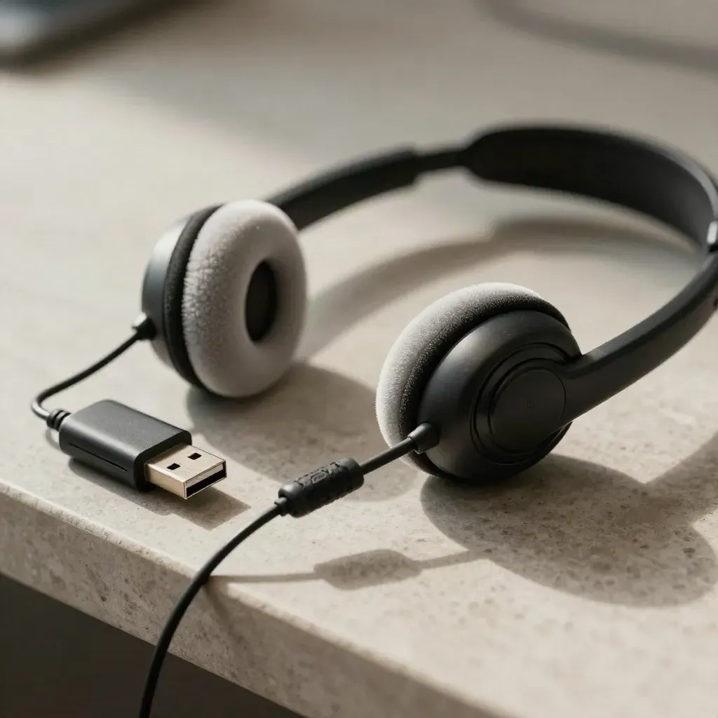 Macro of a matte black helpdesk headset earpiece, USB dongle and cable tie on stone.