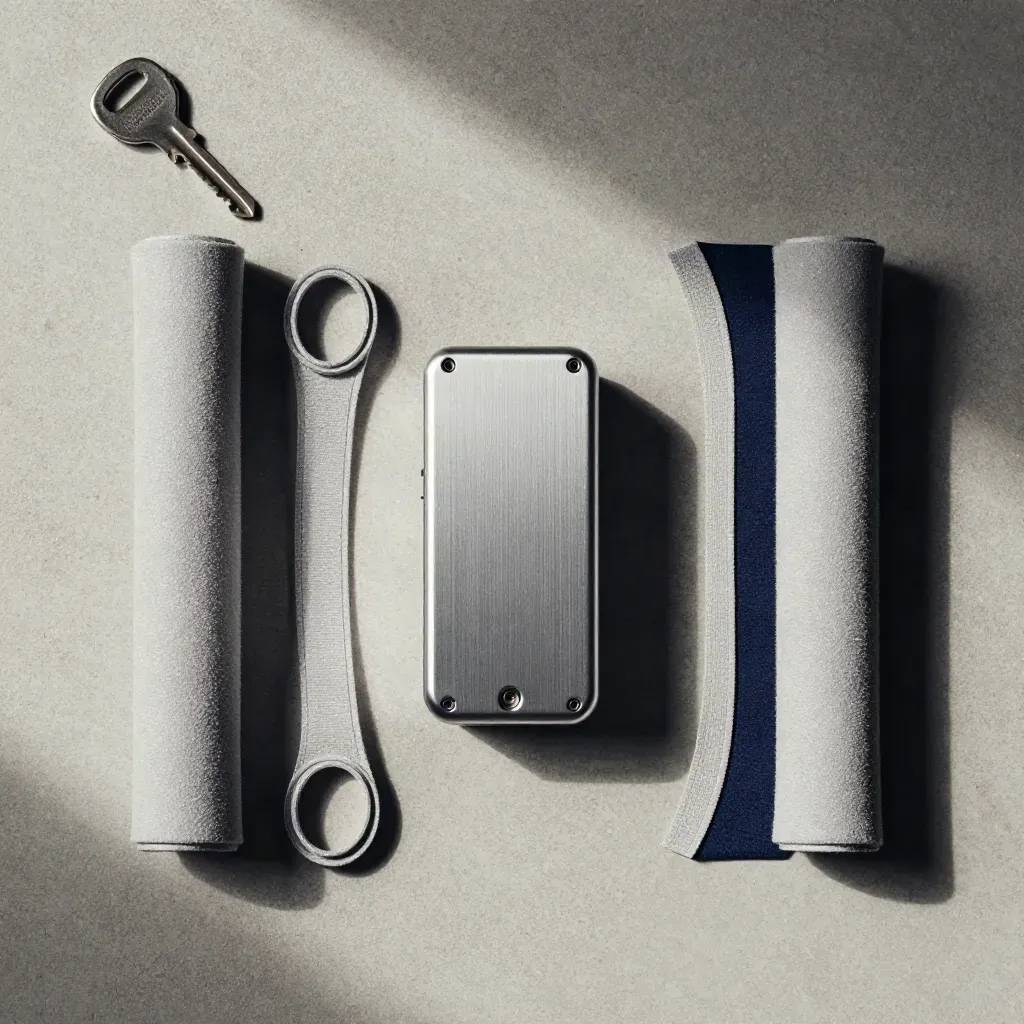 Top-down still life of SSD sleeves, fibre loops and a drive carrier on pale concrete