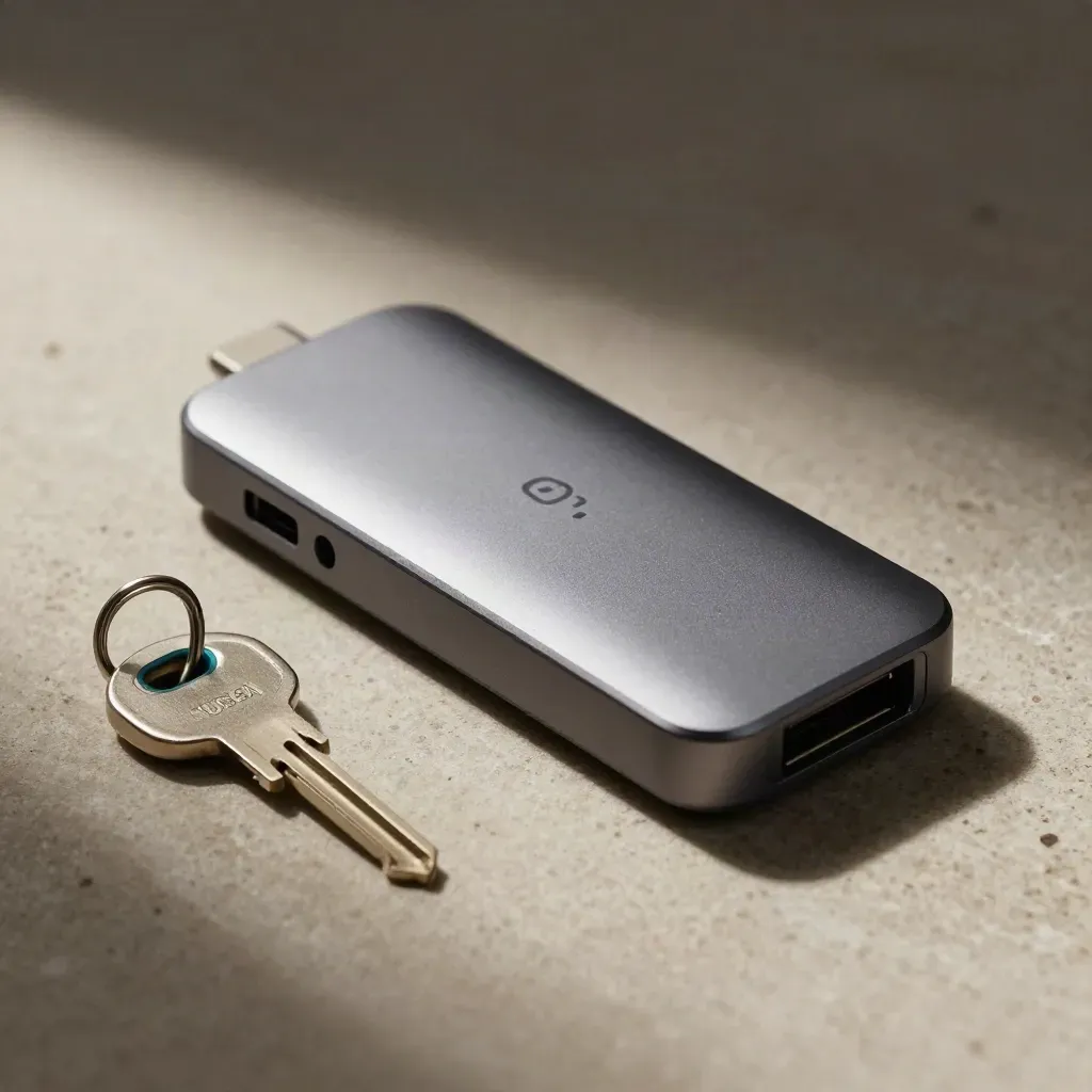 USB-C dock, security key and wireless receiver on matte stone with a muted teal accent