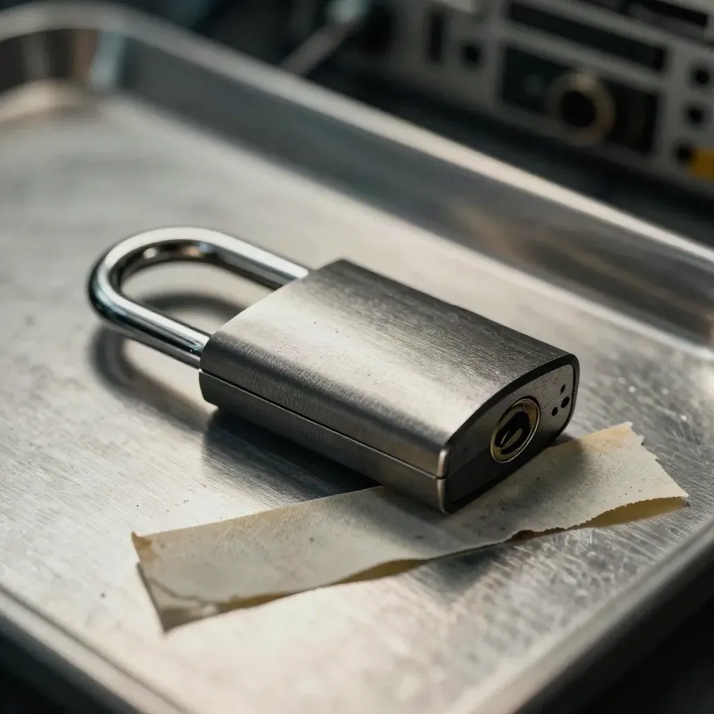 Macro of a security token beside a padlock shackle and tamper seal on brushed metal.