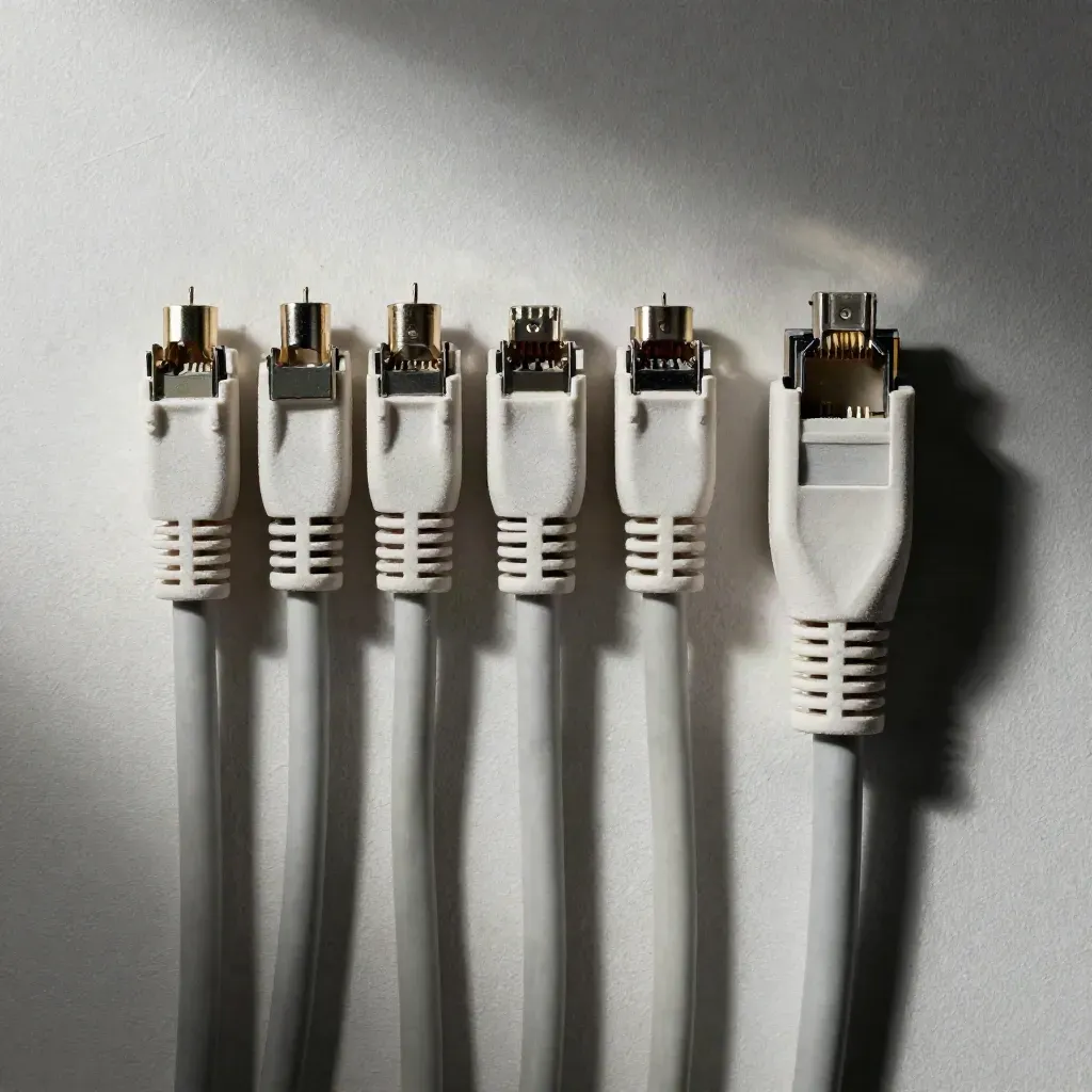 RJ45 plugs, a keystone jack and coiled patch cable on pale plaster in raking light