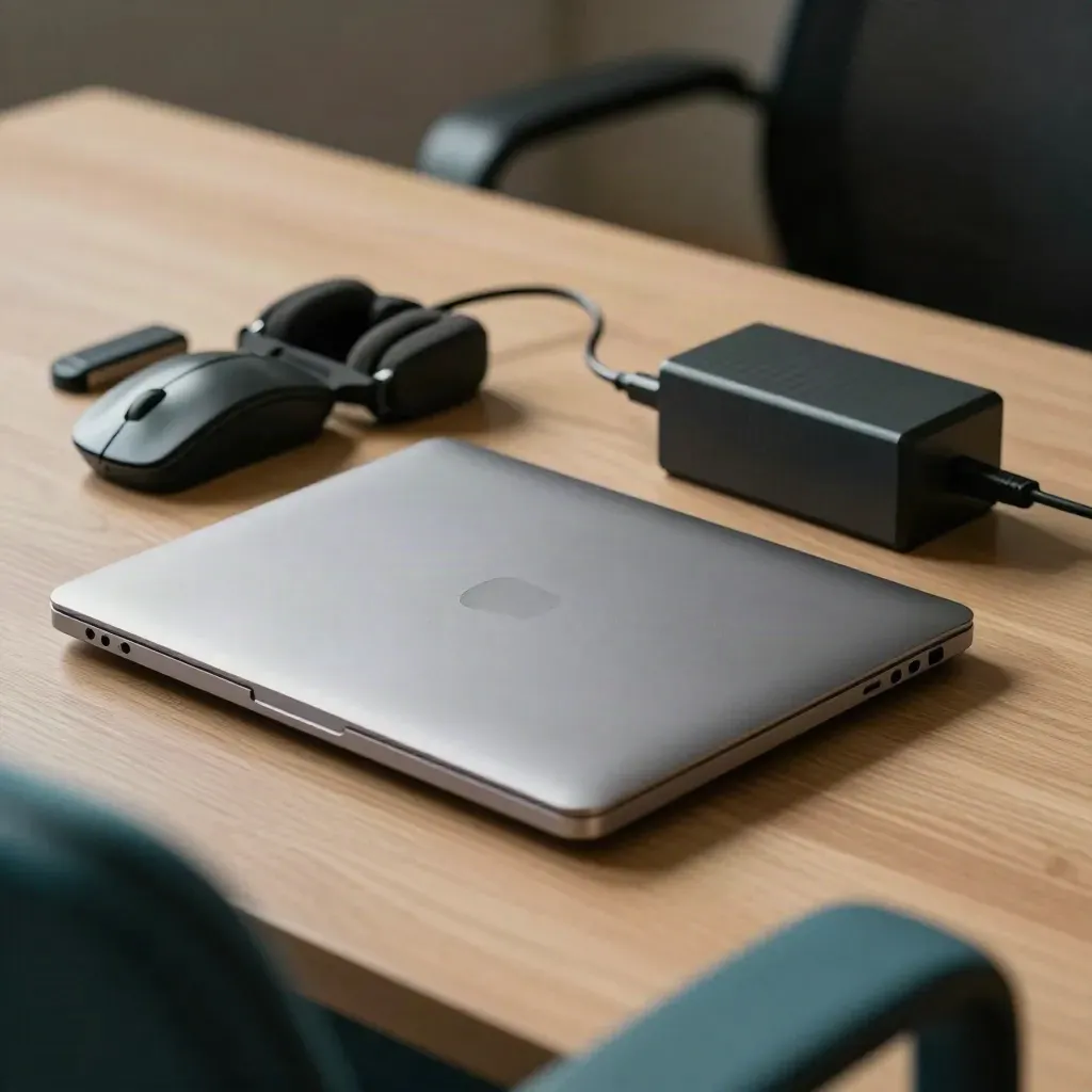 Macro of office support hardware: laptop dock, mouse receiver, headset cradle and power brick.