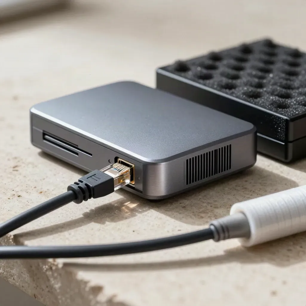 Macro of access point, NAS enclosure and backup drive on stone, seen through a cable loop.