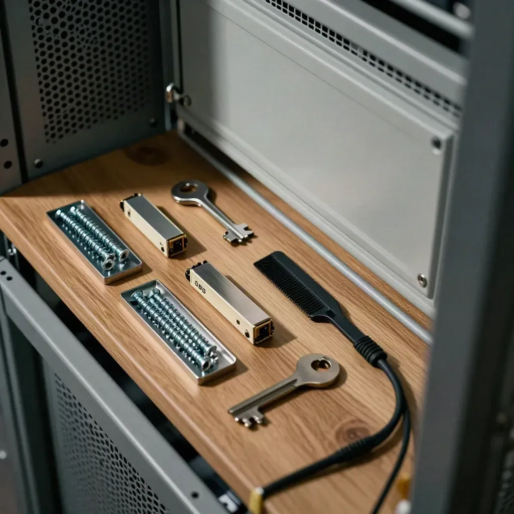 IT maintenance kit with rack screws, SFP modules, cable comb and patch tool behind a rack door