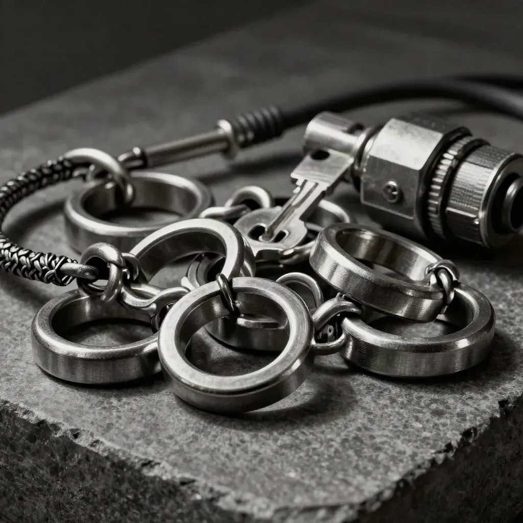 Brushed metal rings and a braided connector bridge on graphite stone in moody studio light.