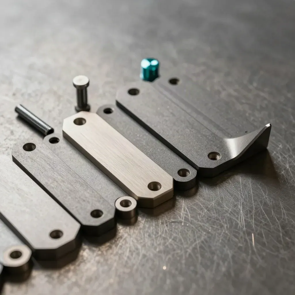 Machined metal connector plates and hex pins arranged on brushed steel with a teal accent.