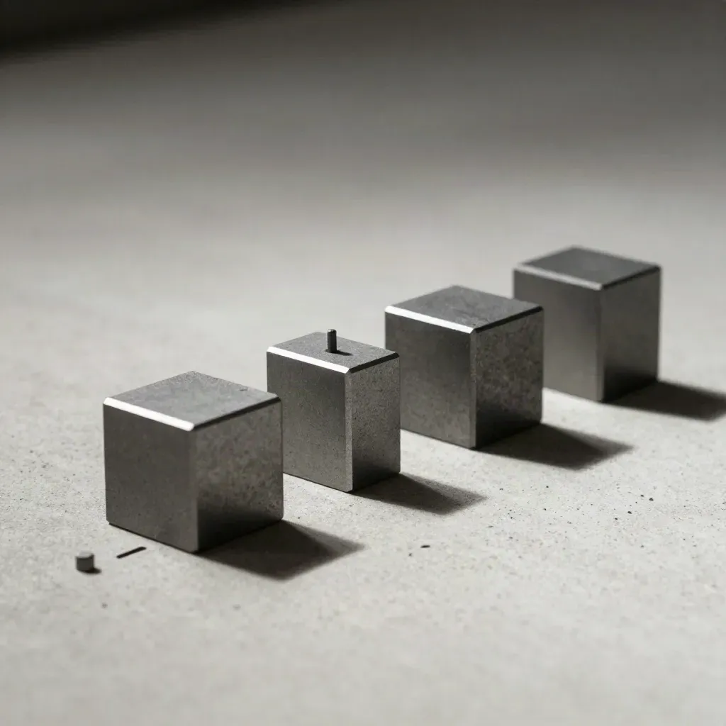 Graphite modular blocks and a tiny peg aligned on pale concrete, lit by low raking light.