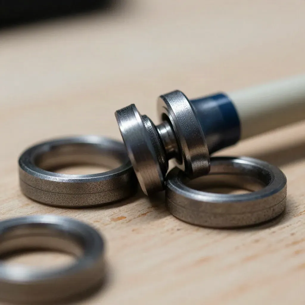Macro of metal couplers, linked rings and a short cable on pale wood with deep navy accents.